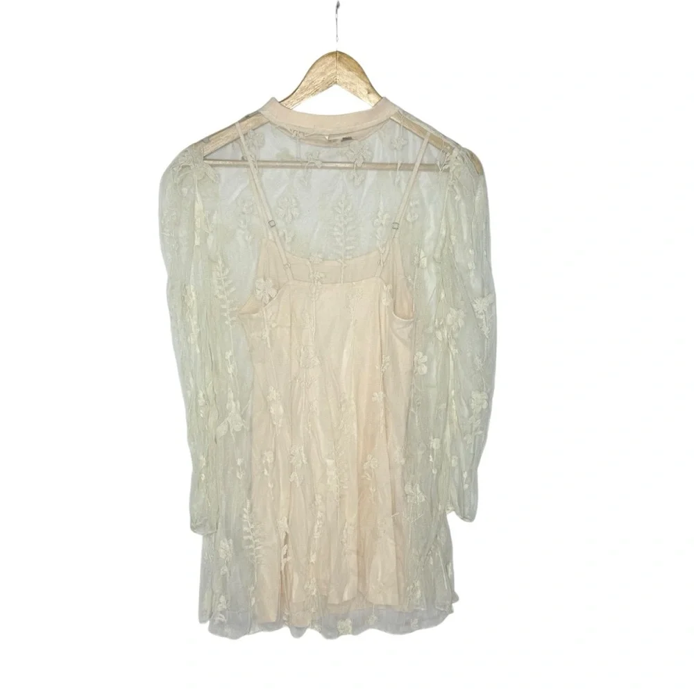 Free People Cecelia Sheer Lace Mini Dress pale pink/ ivory small - Picture 5 of 13